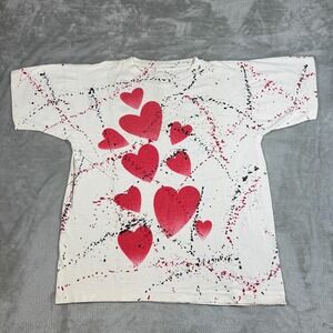 Vintage Heart Paint Splatter Shirt Womens XL White 80s Valentines All Over Print